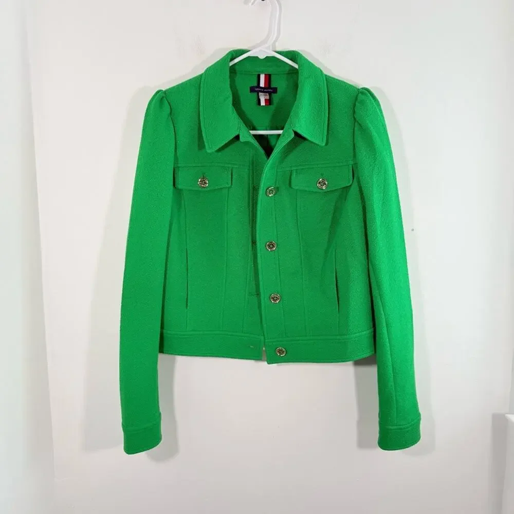 Tommy Hilfiger Kelly Green Boucle Texture Puff Sleeve Trucker Jacket Medium 8
